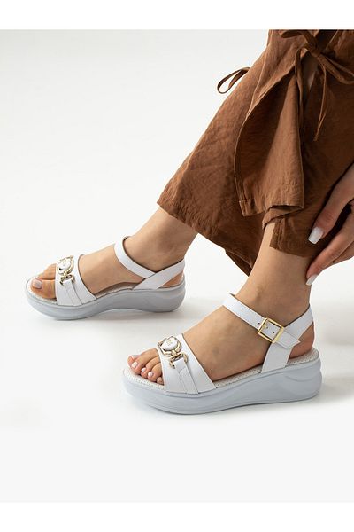 ALEMDAR AYAKKABI Celeste White Buckle Detail Women's Sandals