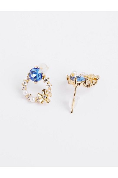 Jimmy Key Blue Flower Pattern Pearl Detailed Earrings