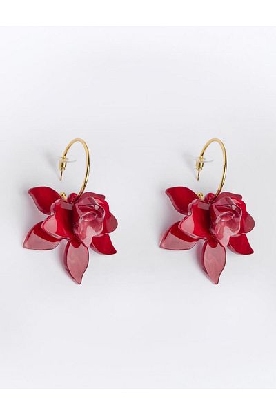 Jimmy Key Burgundy Leaf Detailed Flower Patterned Earrings