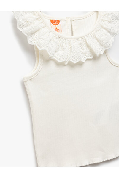 Koton Pamuklu Brodeli Fırfırlı Bisiklet Yaka Kolsuz Atlet