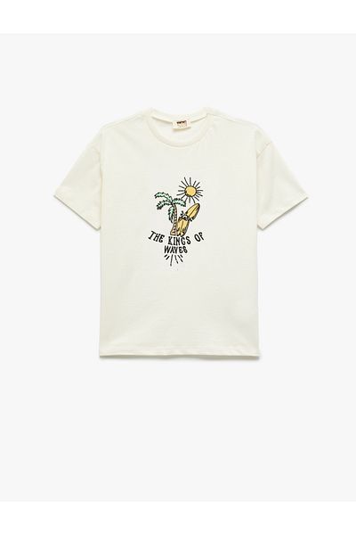 Koton Embroidery Detail Crew Neck Short Sleeve Cotton T-Shirt