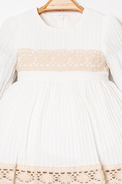 Bebüş Lined Cotton Fabric Lace Stripe Detailed Long Sleeve Ecru Baby Girl Dress 15323