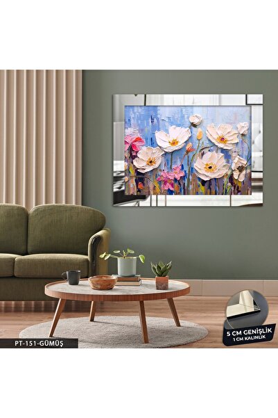 Evinemoda Beyaz Çiçekler Mavi Arkaplan Pleksi Aynalı Tablo