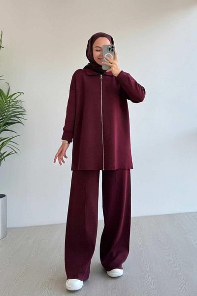 Ka Hijab Zippered Basic Double Mercerized Suit - Claret Red