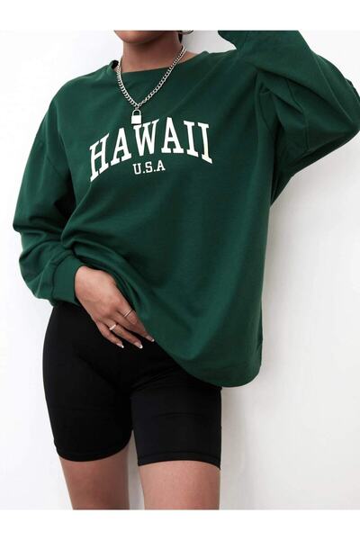 CC STORE Γυναικείο φούτερ με στάμπα με χαβανέζικα γράμματα σε σκούρο πράσινο ...