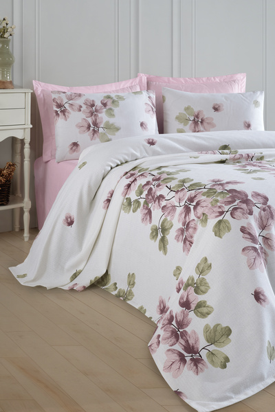 Enlora Home Desenli Pike Takımı Tek Kişilik Spring Gülkurusu (Pike+Çarşaf+Yas...