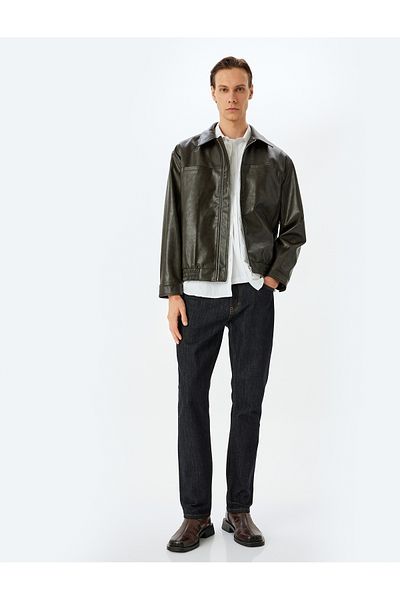 Koton Viscose Blended Zippered Faux Leather Jacket with Pocket Detail