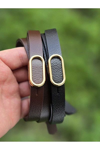 Kemerix 100% Genuine Leather Gold Buckle Thin Black-Bitter Brown Belt Set of 2