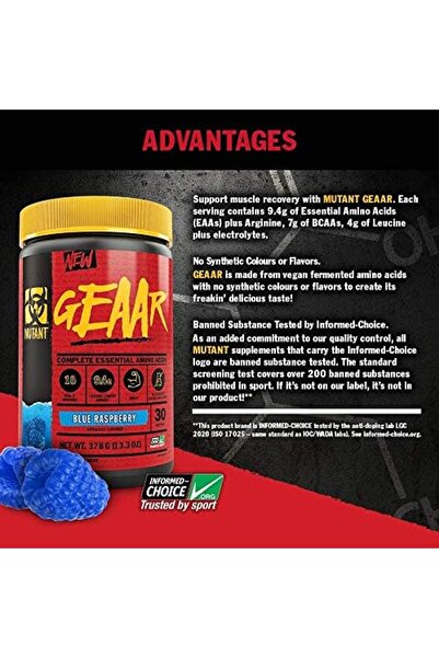 MUTANT GEAAR EAA & BCAA Powder with Leucine, Electrolytes, Coconut Water - Tiger's Blood, 30 Servings, 378g