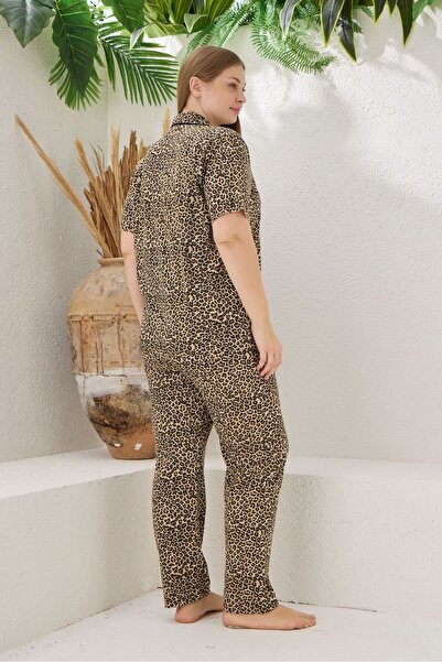 pijamacity Kadın Pamuklu Ara Biyeli Düğmeli Battal Beden Pijama Takımı