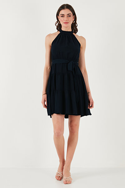 Lela Pileli Regular Fit Halter Yaka Mini Boy Kemerli Elbise ELBİSE 6772041