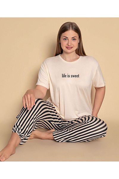 MOJADON Ecru Striped 100% Viscose Woven Pajama Set