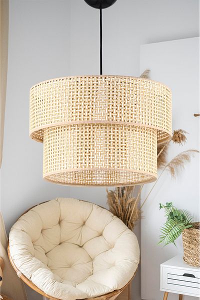 Emg DesiGn Rattan 2 Tier Cake Pendant Lamp Chandelier Children's Room Bedroom Living Room Kitchen Hall