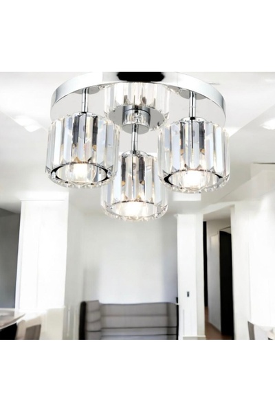 burenze Modern Tasarım Kristal Taşlı Tavana Sıfır Üçlü Avize Salon Oturma Odası Mutfak Avizesi Krom Gümüş