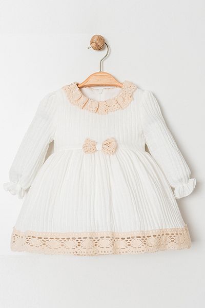 Bebüş Lined Cotton Fabric Lace and Ribbon Detail Long Sleeve Baby Girl Dress 15324