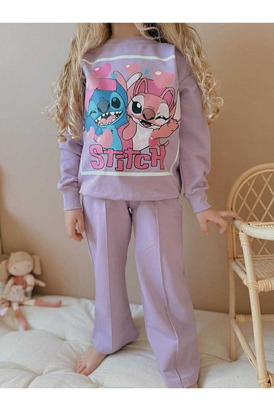 YİGİT BUTİK Yigit Boutique Character Printed Grass Stitched Spanish Leg Girl's Bottom and Top Set