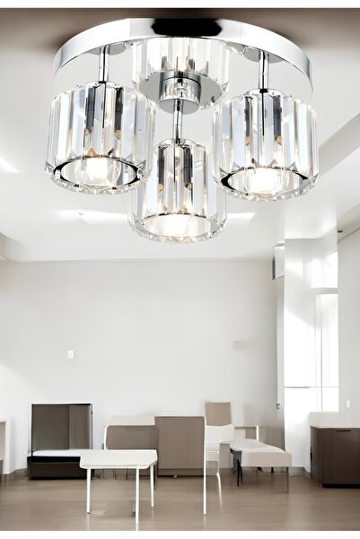 burenze Modern Tasarım Kristal Taşlı Tavana Sıfır Üçlü Avize Salon Oturma Odası Mutfak Avizesi Krom Gümüş