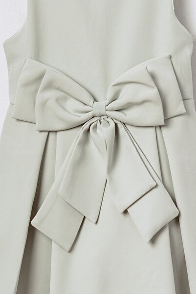 Bebüş Crepe Fabric Thick Strap Lined Inside Flared Cut Bow Detail Mint Green Girl Dress 15694