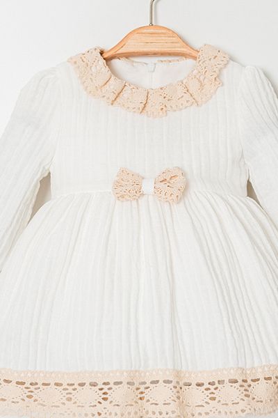 Bebüş Lined Cotton Fabric Lace and Ribbon Detail Long Sleeve Baby Girl Dress 15324