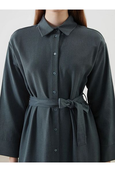 LC Waikiki Rochie cămașă pentru femei LCW Modest Green Linen Blend