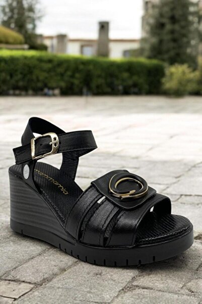 Mammamia D25YS-2775 Чорні справжні шкіряні повністю ортопедичні жіночі сандал...