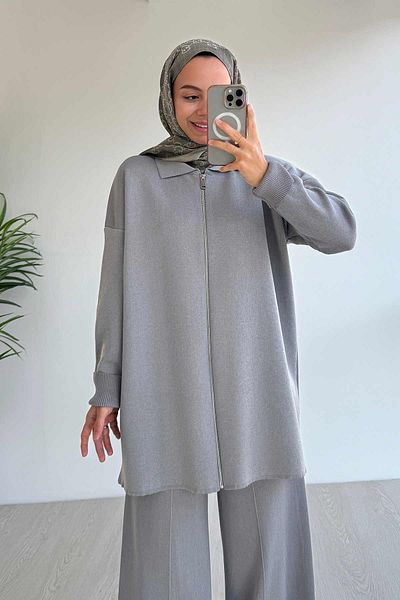 Ka Hijab Costum de bază cu fermoar dublu mercerizat - gri