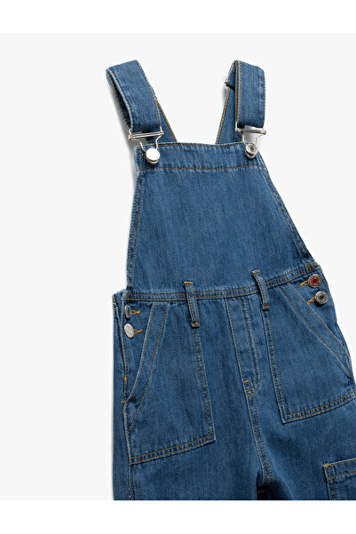 Koton Cotton Square Collar Adjustable Strap Long Denim Salopet Jumpsuit