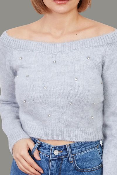 mefru Stone Detailed Crop Knitwear Sweater