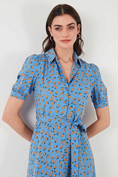 Lela Desenli Regular Fit Yırtmaçlı Midi Boy Kemerli Gömlek Elbise ELBİSE 6782106