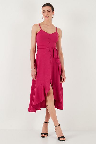 Lela Belt and Button Detailed Flounce Regular Fit Midi Length Dress Dress 67810145
