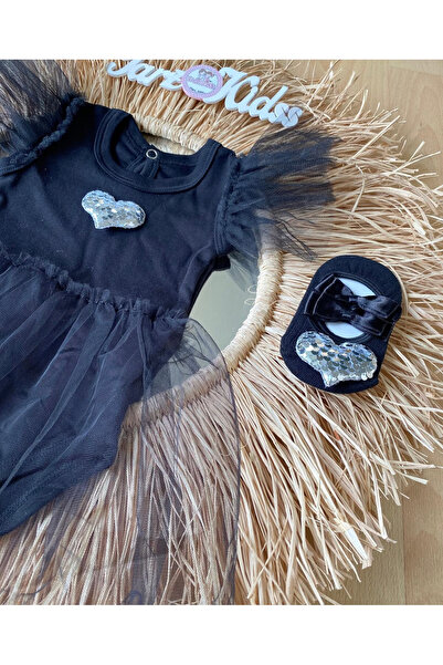 EBRU ÖZÖRGÜCÜ Girl's Heart Black Tutu Jumpsuit Bandana and Ballerina Socks Set