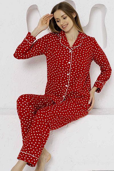 ALİMER Women's Red Heart Pattern Button-Down Shirt Collar Long Sleeve Pajamas