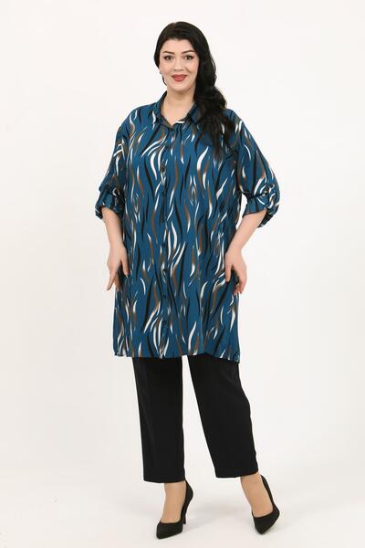 By Alba Collection Women's Navy Blue Patterned Cotton Viscose Large Size Tunic
