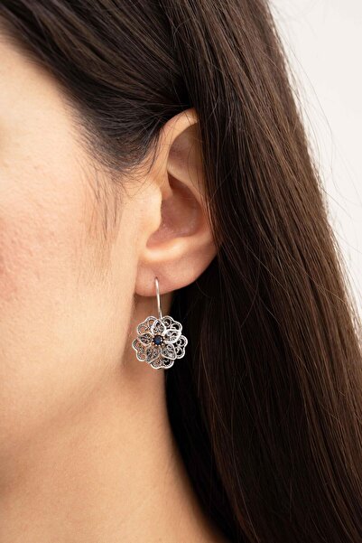 Sümer Telkari Safir Taşlı Telkari Elişi Gümüş Çiçek Küpe 5786