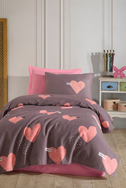 Enlora Home Desenli Pike Takımı Tek Kişilik Jana Pembe (Pike+Çarşaf+Yastık Kı...