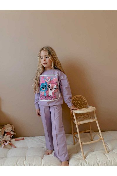 YİGİT BUTİK Yigit Boutique Character Printed Grass Stitched Spanish Leg Girl's Bottom and Top Set