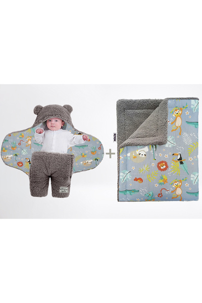 migie 0-4 Ay Bebek Dış Kundak ve Battaniye Seti Wellsoft Gri (Orman Hayvanlar...