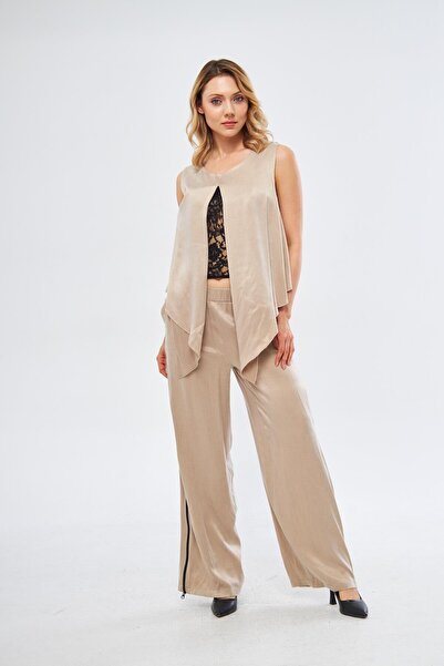 LAMANTE Beige Eucalyptus Pants with Side Zipper Detail