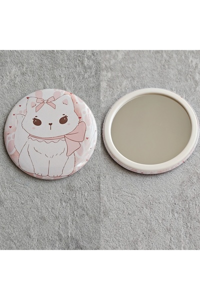SiestaAccessories Pembe Fiyonklu Kedili Cep Aynası / Buton Rozet Ayna