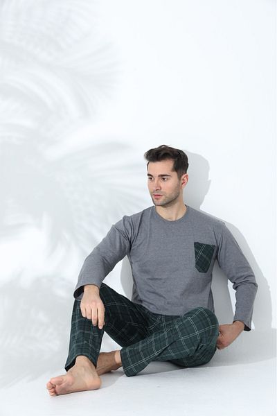 Sude HOMEWEAR Ανδρικό σετ πιτζάμες με χτενισμένο βαμβακερό καρό μακρυμάνικο