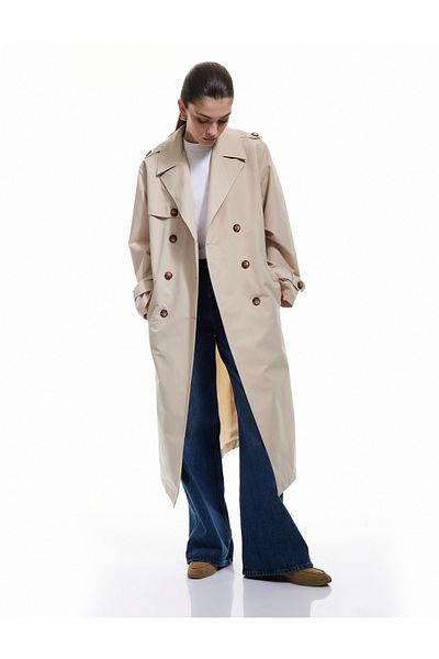 Koton Long Sleeve Double Breasted Belted Gabardine Trench Coat