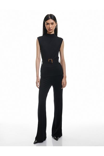Koton Viscose Fabric Straight Wide Leg Ribbed Trousers