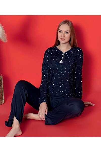 MOJADON Lacivert %100 Pamuk Dokuma Puantiyeli Pijama Takımı