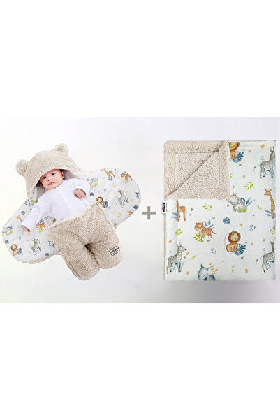 migie 0-4 Ay Bebek Dış Kundak ve Battaniye Seti Wellsoft Bej (Mutlu Hayvanlar...