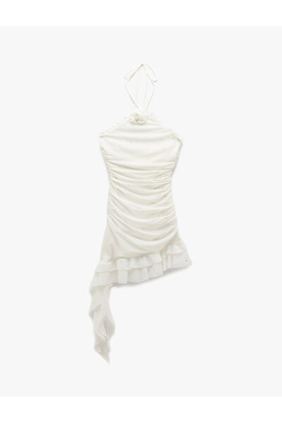 Koton Μίνι φόρεμα από τούλι με απλικέ ροζ λεπτομέρεια αμάνικο ντραπέ