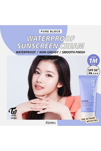 A'PIEU Pure Block Waterproof Sunscreen SPF50+/PA+++ 50ml | Sweat-proof, Reef Safe Korean Sunscreen
