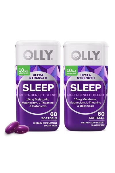 OLLY كبسولات هلامية ناعمة فائقة القوة للنوم، 10 ملغ من الميلاتونين، إل ثيانين...