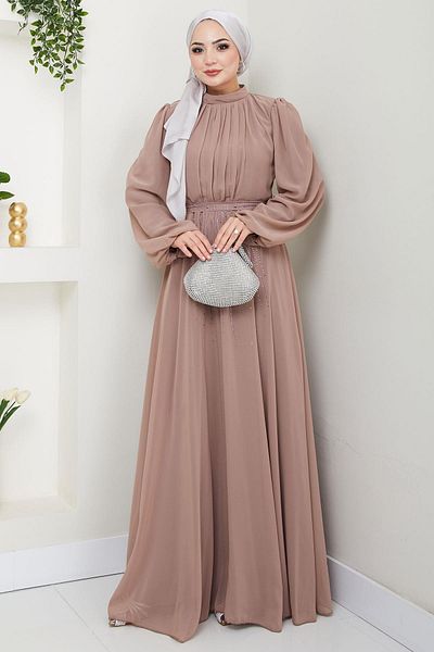 hafsamina Βραδινό φόρεμα Chiffon με πέτρες στη μέση Mink HM2668