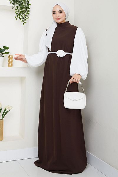 hafsamina Βραδινό φόρεμα σιφόν με μανίκια με ροζ ζώνη καφέ HM2666