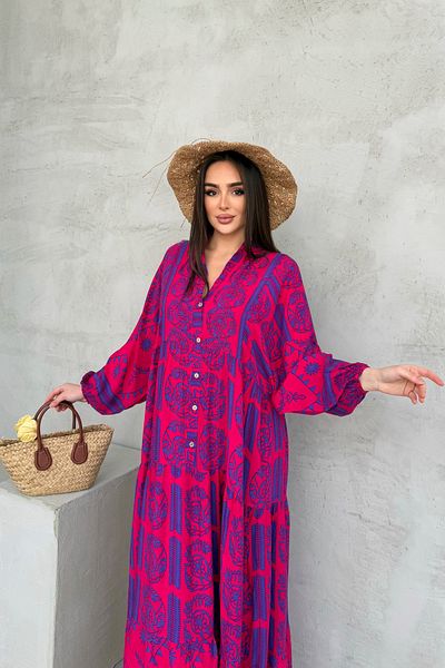 ASEDE 100% Viscose Bohemian Alaçatı Dress Buttoned Viscose Dress Suitable for Hijab